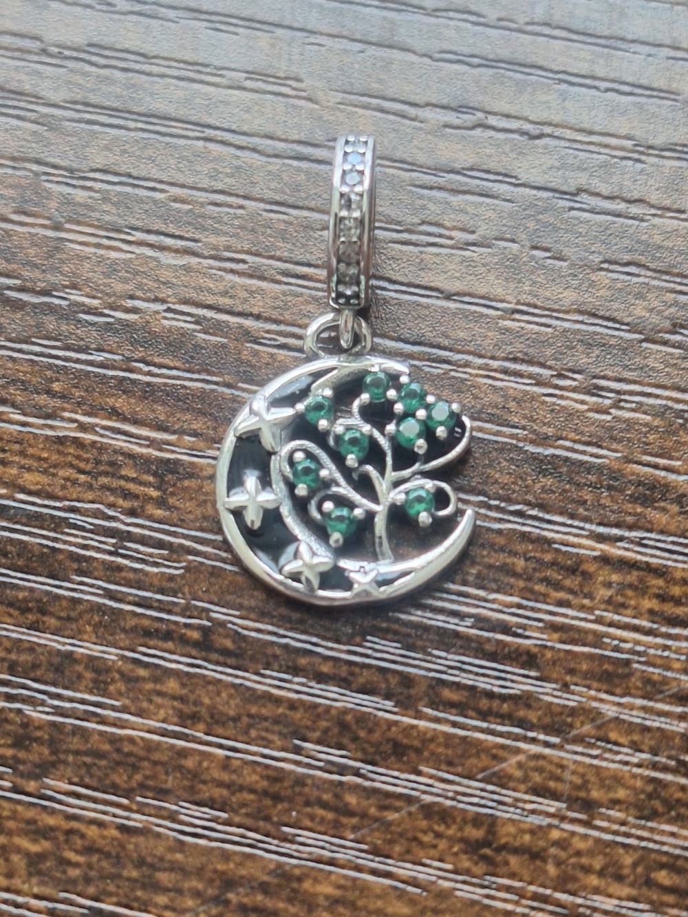 .925 Sterling Silver Tree of Life Moon Pendant Charm with Green Stones 1.84 Gram